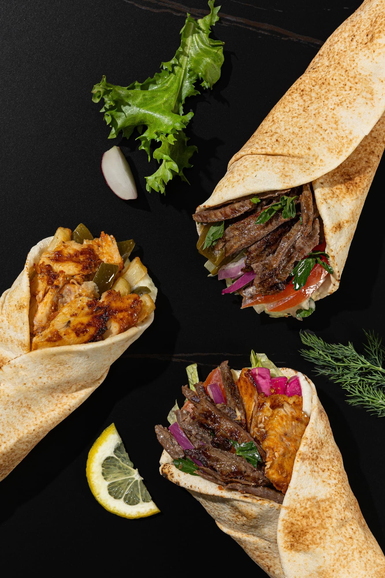 Trois pitas garnies, vue du dessus
